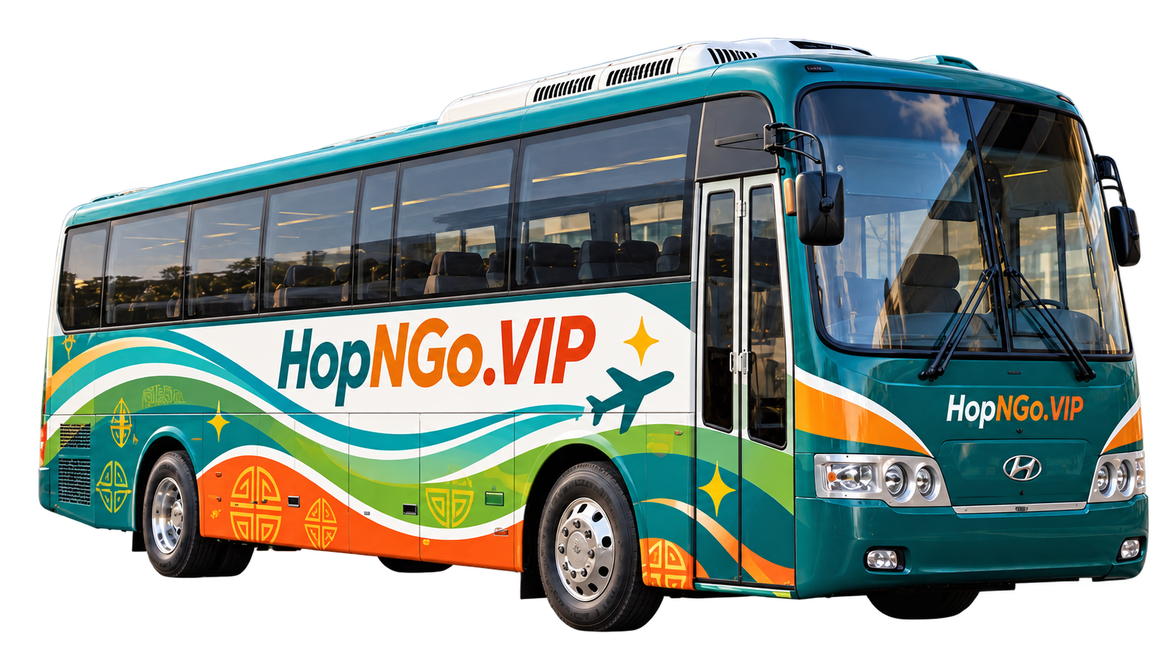 Colorful HopNGo.VIP branded coach, presented as a bus design concept